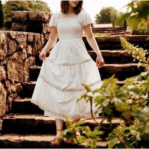 Rachel Zoe Smocked White Tiered Maxi Dress Cottagecore Milkmaid Boho Size 6